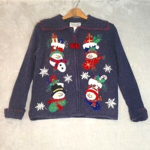 Tiara International Snowman Ugly Christmas Sweater Zip Cardigan Medium